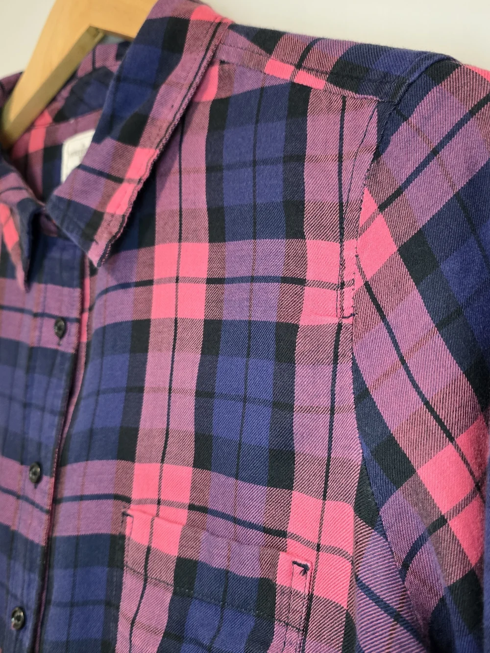 Women’s Pink and Navy Plaid Button-Up Shirt Boyfriend Style Lightweight.